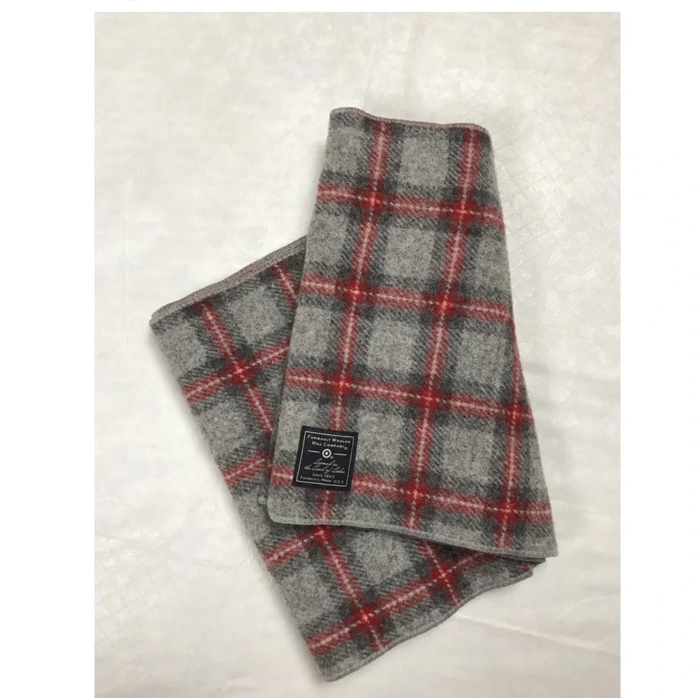 Faribault Woolen Mill Co Grey Red Plaid Wool Scarf Made in USA Heritage Winter